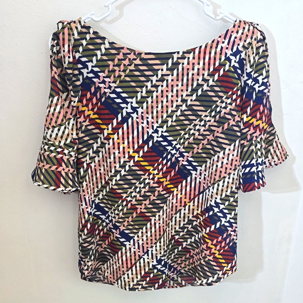 New York & Company Pink and Blue Geometric Cold Shoulder Blouse XS
